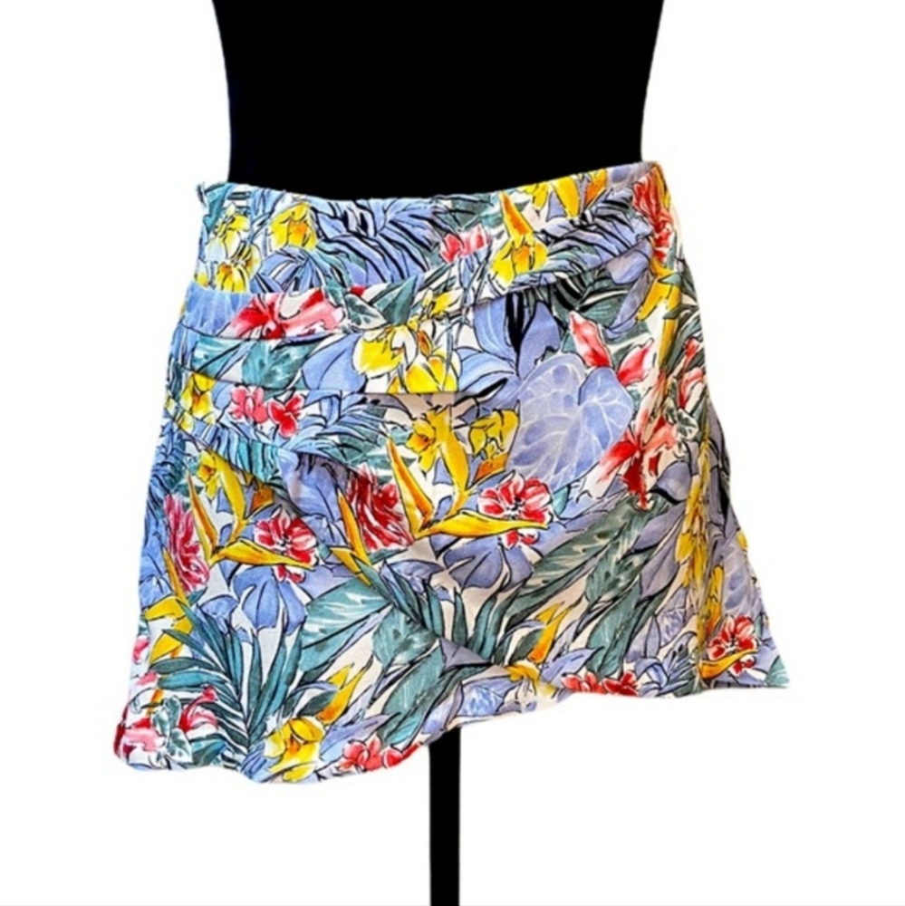 ZARA Blue Floral Tropical Assymetric Mini Skirt Size Small Like NEW
